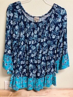 Como Vintage Navy Floral Tunic with Teal Contrast Hem